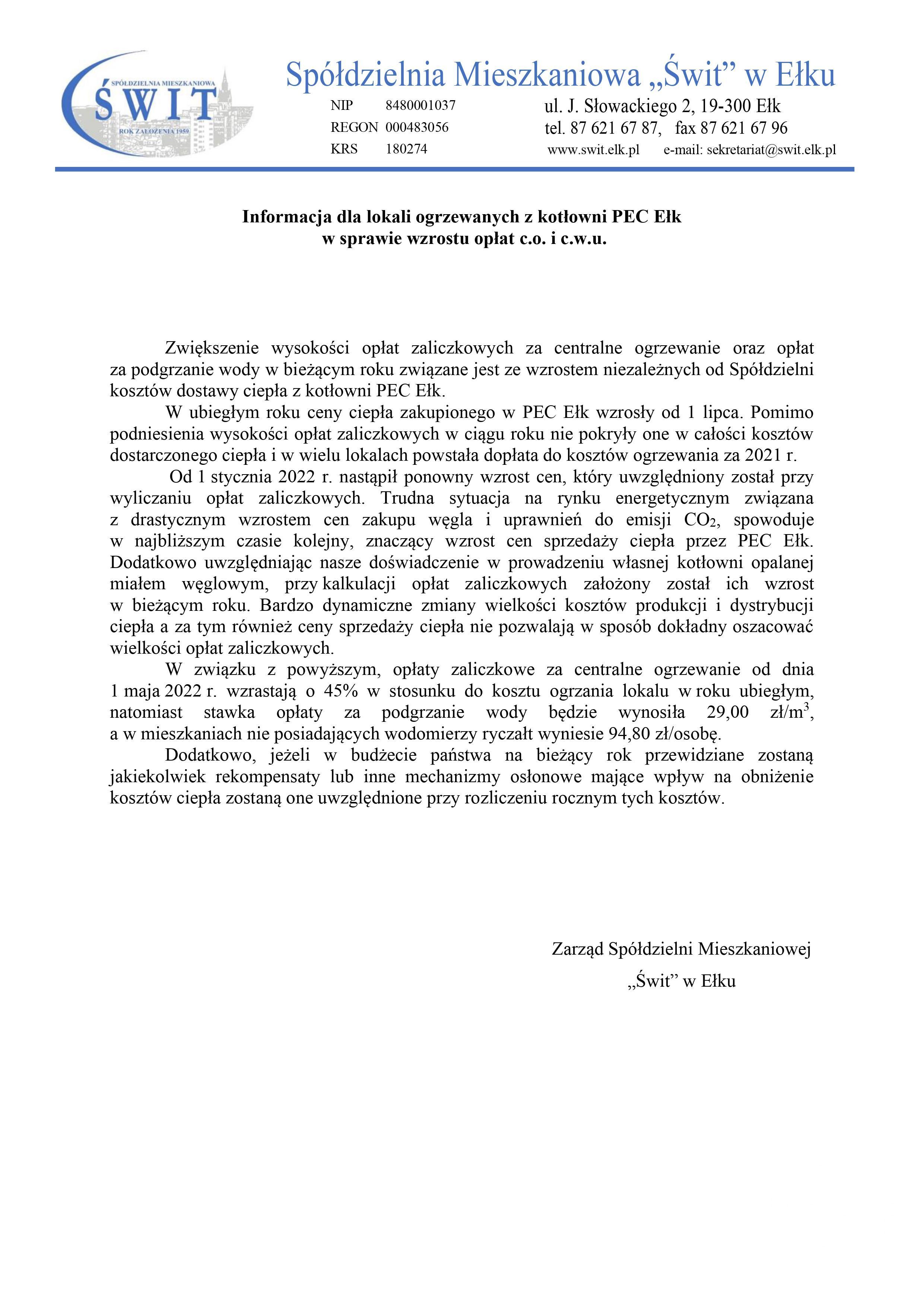 PEC pismo wyjasnienie wzrostu oplat za ogrzewanie
