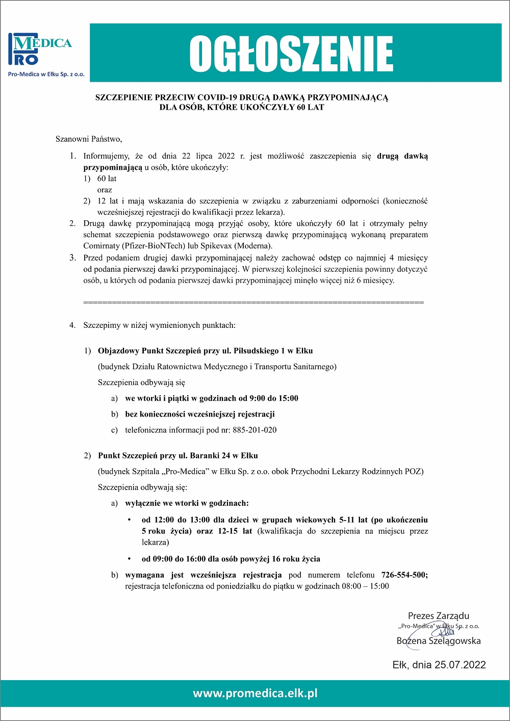 OGŁOSZENIE 2 DAWKA SZCZEPIONKI 60